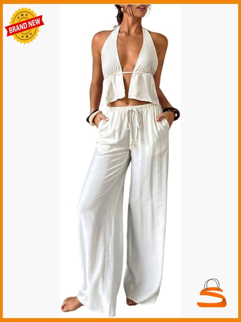 2 Piece Beach Outfit: Peplum Crop Top & Wide Leg Pants Set - Picture 1 of 5